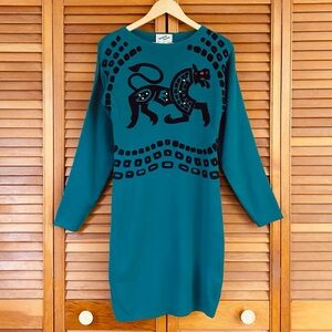 Vintage Dressy Tessy Sweater Dress Size Medium 80s Wool Blend Animal Egyptian